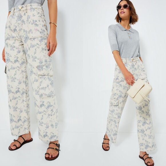 Ganni NEW Tofu Print Denim Angie Ivory Floral Wide Leg Cargo Denim Pant Size 30 - Picture 2 of 10